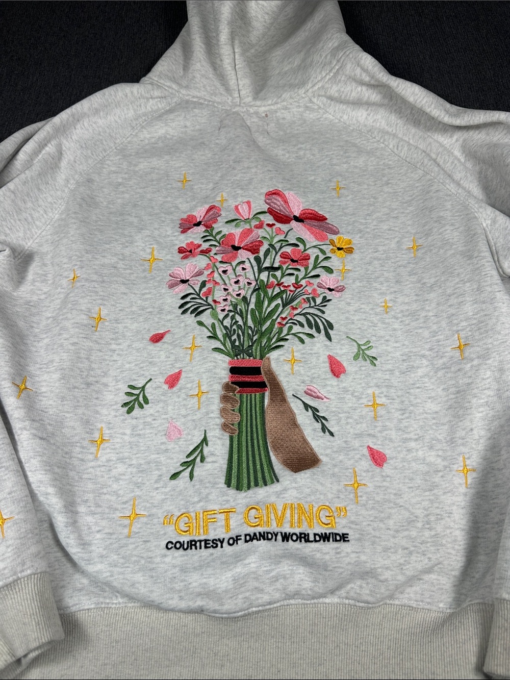 Dandy Worldwide Lux Hoodie Oversized Medium Embroidered Gift Giving Flowers Gray